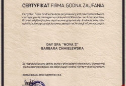 Salon Day Spa Nova 2 otrzymał w 2015 roku Certyfikat Firma Godna Zaufania przyznany przez Centrum Badania Opinii Klientów